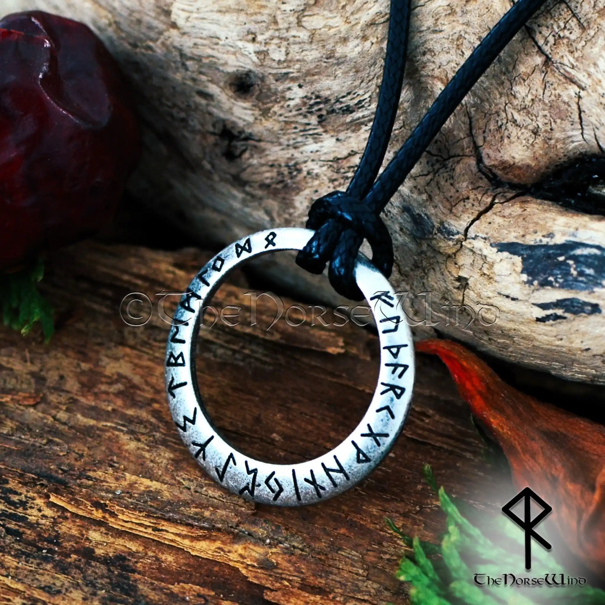Ancient Viking Necklace with Norse Futhark Runes Pendant on Leather Cord