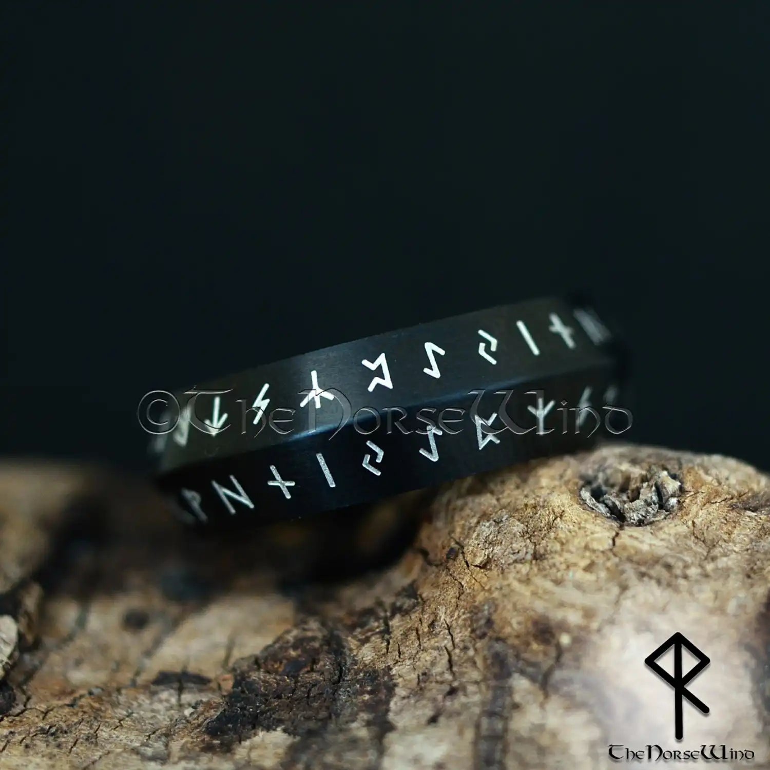 Elder Futhark Black Runes Ring - Stainless Steel Band | The Norse Wind