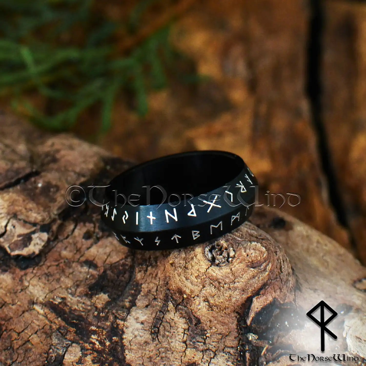 Elder Futhark Black Runes Ring - Stainless Steel Band | The Norse Wind