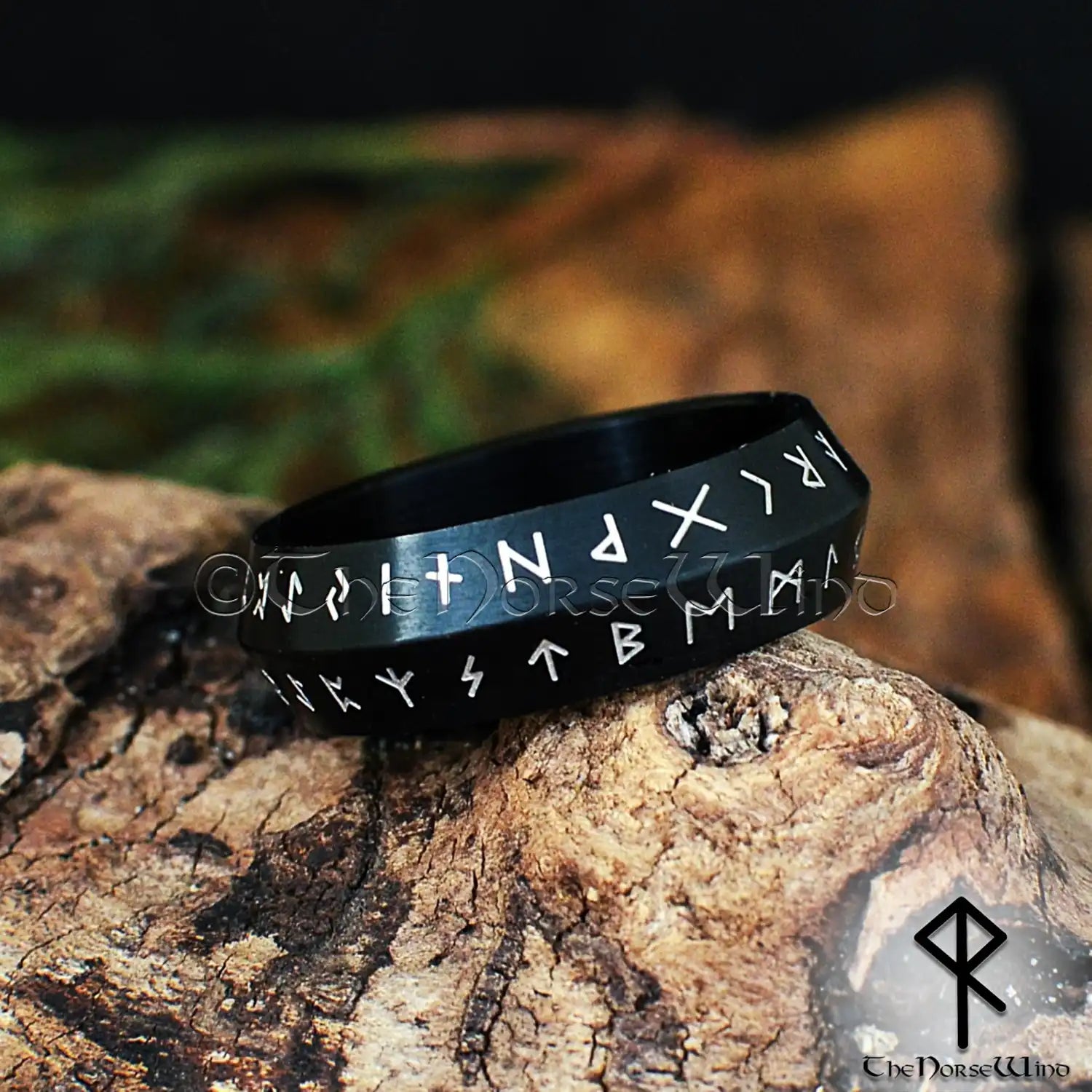 Elder Futhark Black Runes Ring - Stainless Steel Band | The Norse Wind