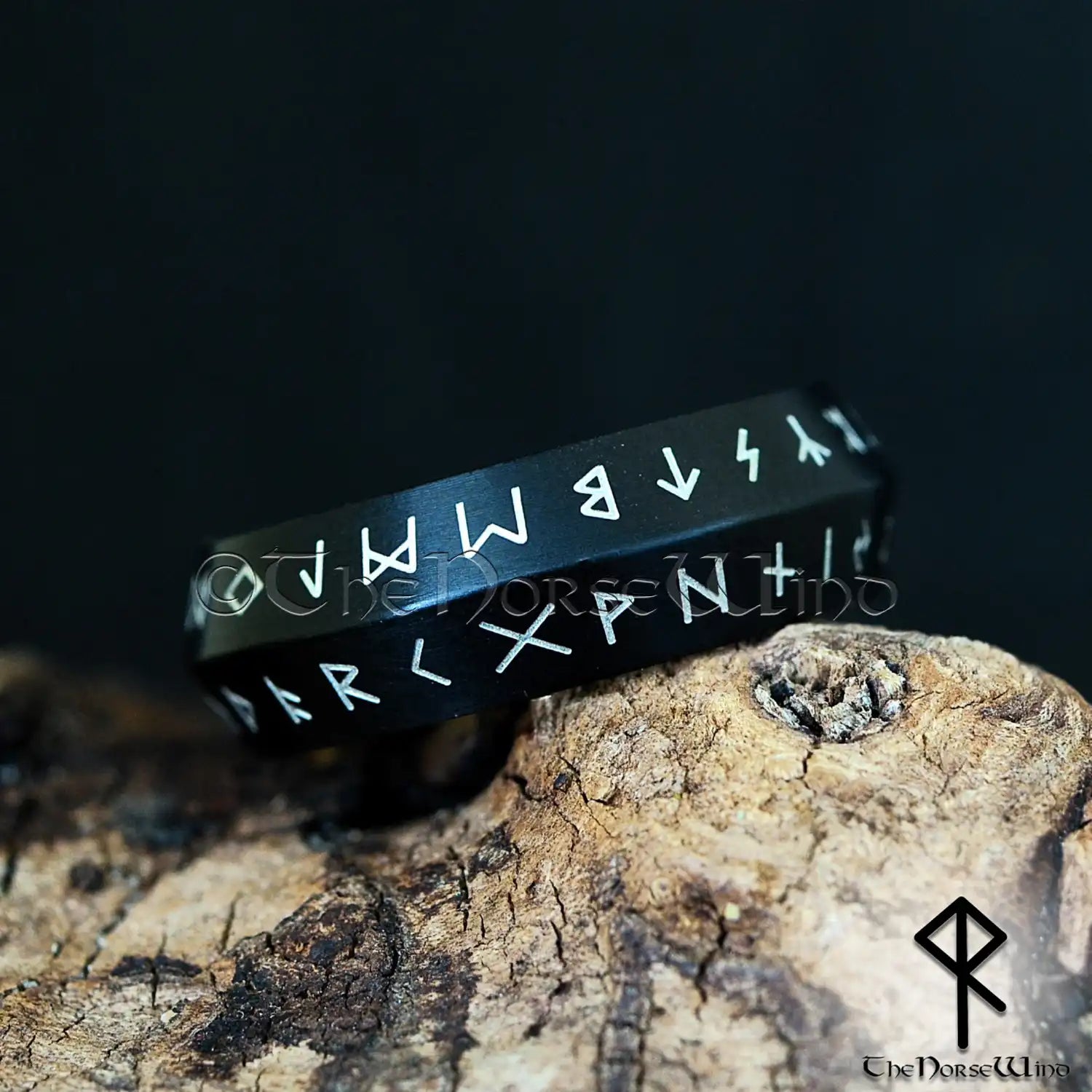 Elder Futhark Black Runes Ring - Stainless Steel Band | The Norse Wind