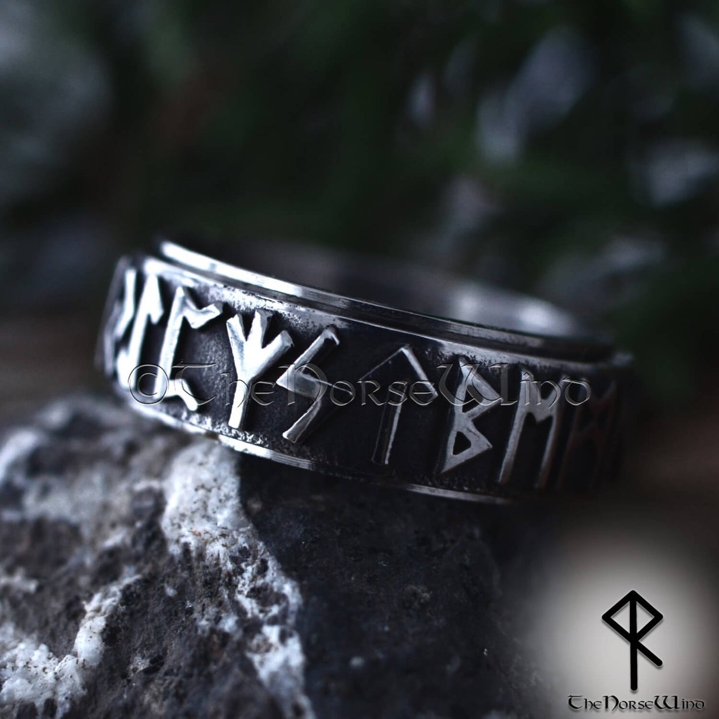 Elder Futhark Runes Spinner Ring - Stainless Steel Viking Wedding Band