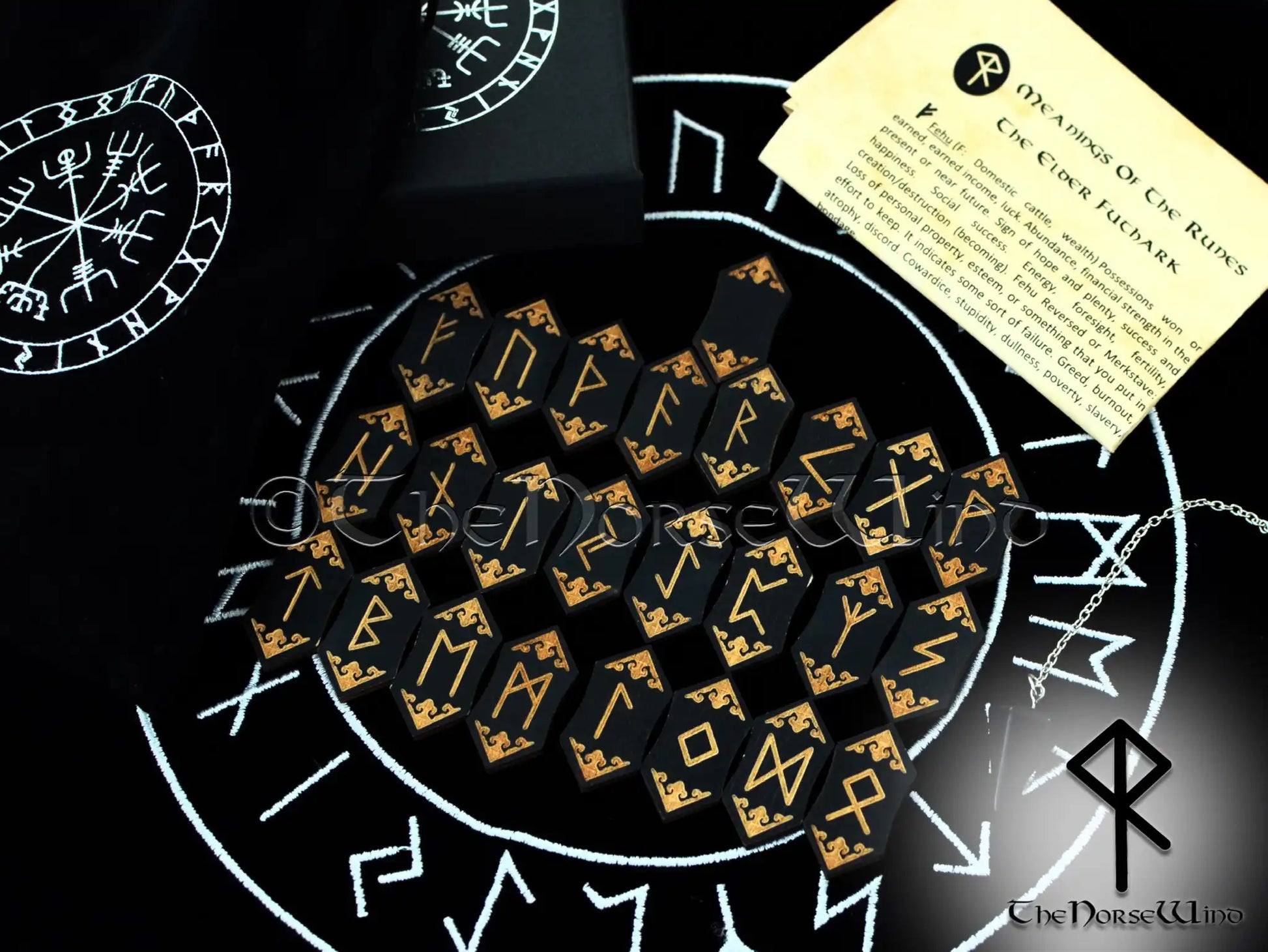 Elder Futhark Viking Runes Set - Black Wood with Vegvisir Pouch – The ...