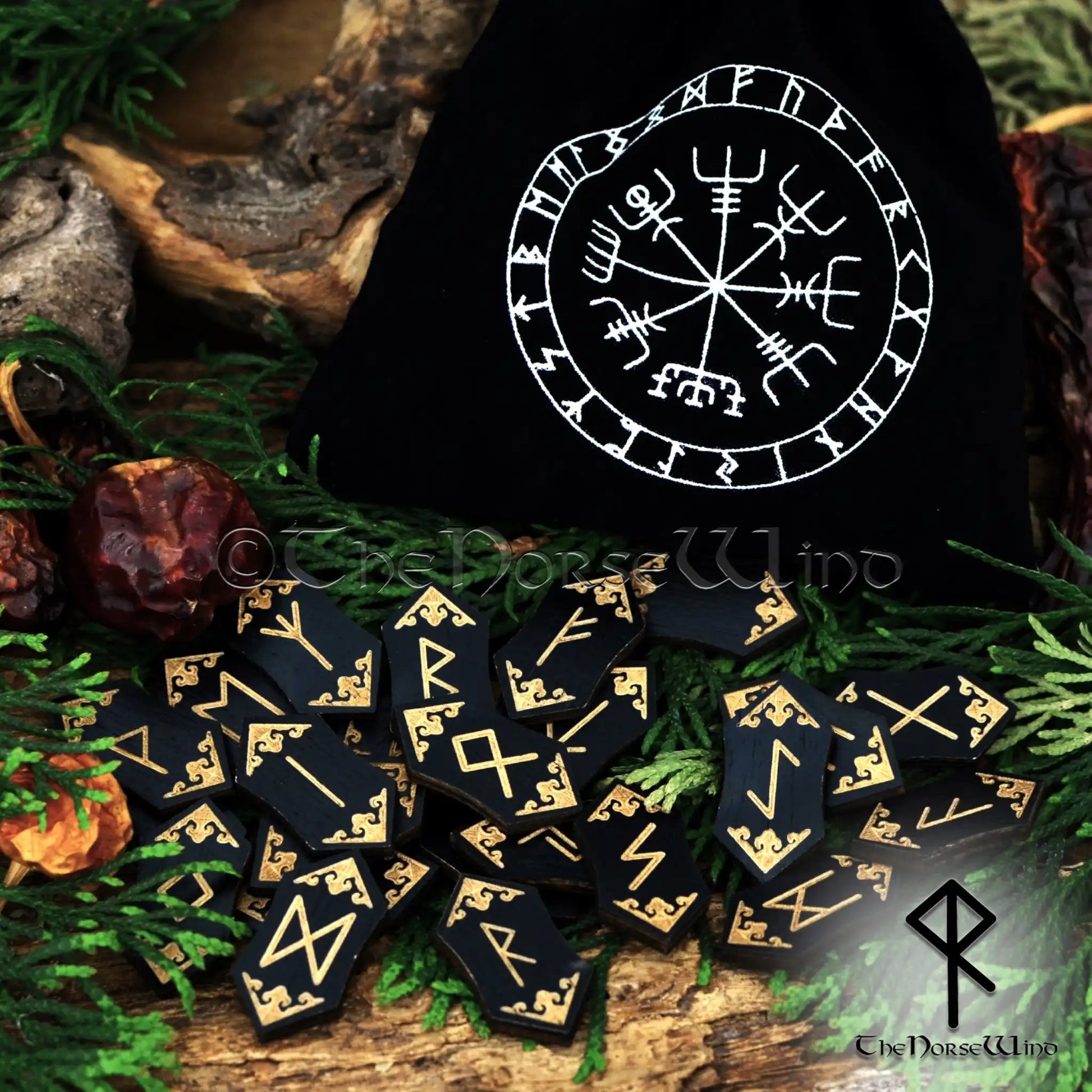 Elder Futhark Viking Runes Set - Black Wood with Vegvisir Pouch – The ...