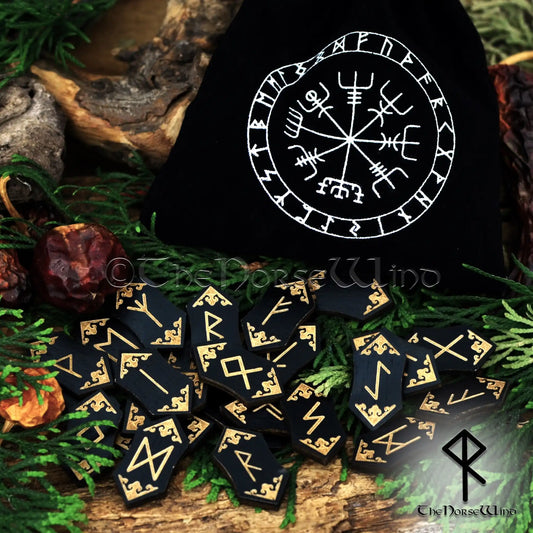 Elder Futhark Viking Runes Set - Black Wood with Vegvisir Pouch - The Norse Wind