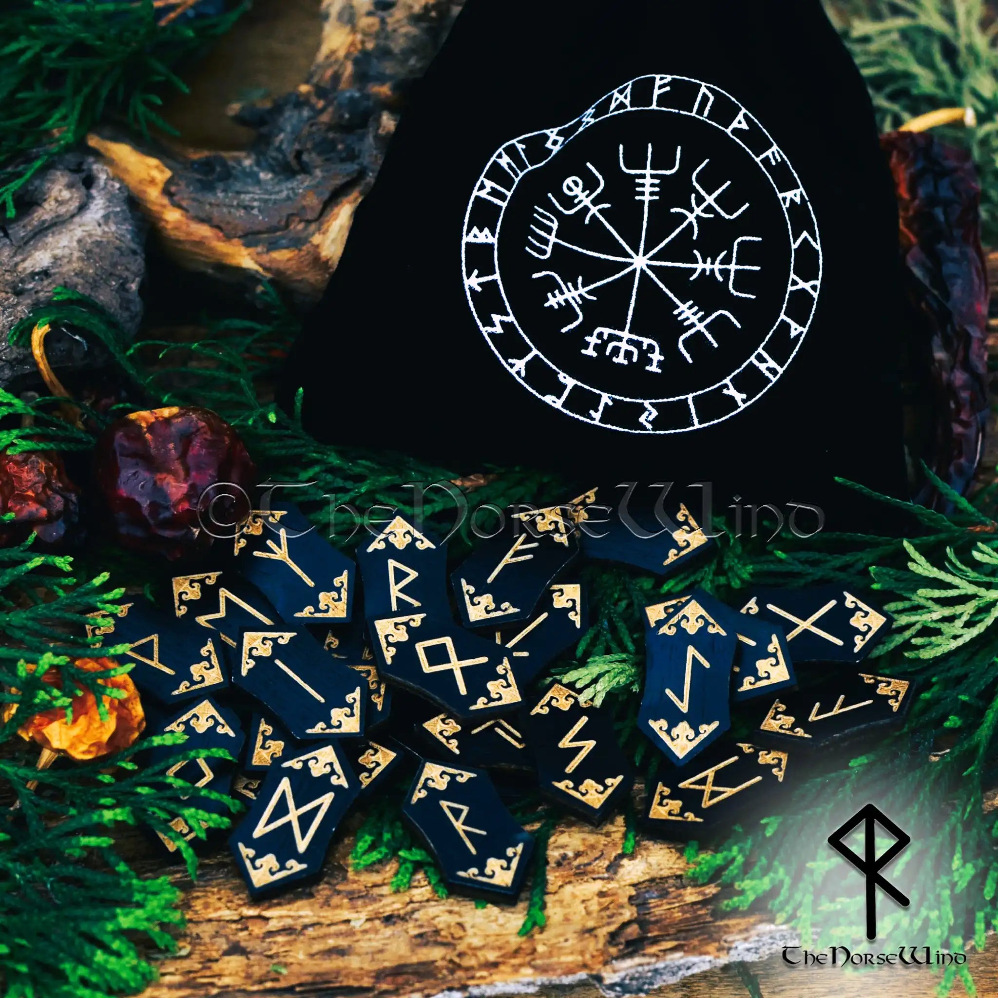 Elder Futhark Viking Runes Set - Black Wood with Vegvisir Pouch – The ...