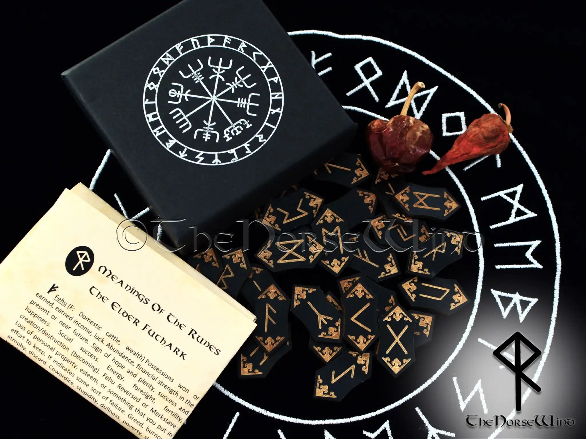 Elder Futhark Viking Runes Set Black Wood with Vegvisir Pouch Box Runes