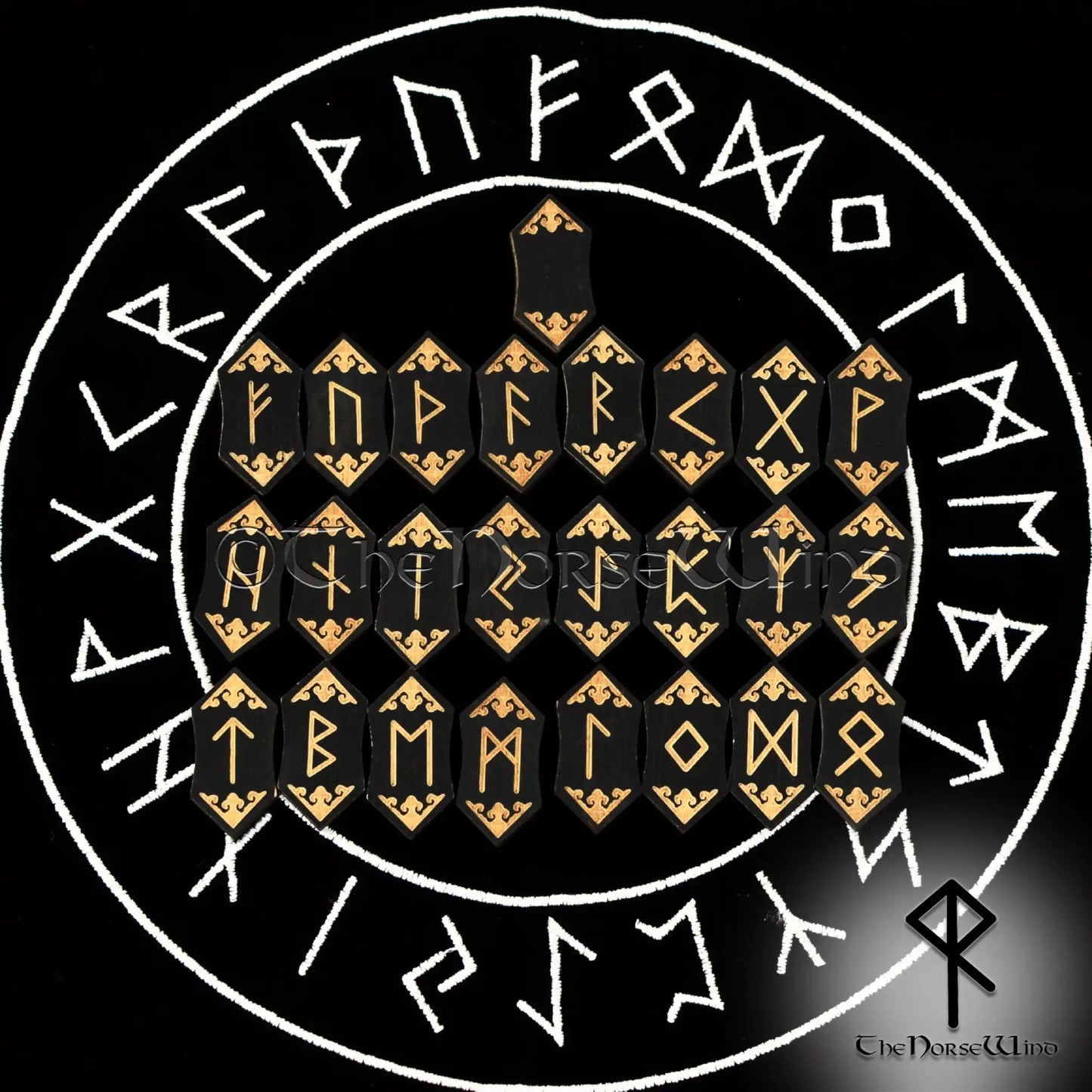 Elder Futhark Viking Runes Set - Black Wood with Vegvisir Pouch