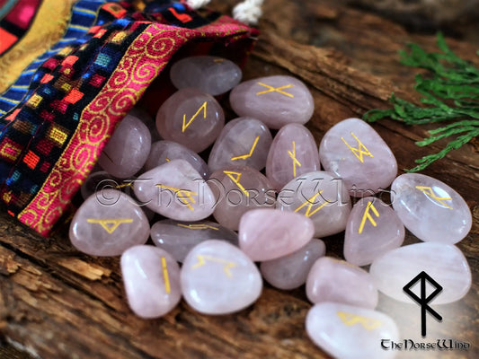 Rose Quartz Runes Set - Viking Futhark Rune Stones for Divination & Love