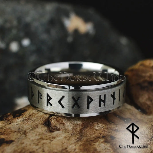 Elder Futhark Runes Spinner Ring - Norse Wedding Band