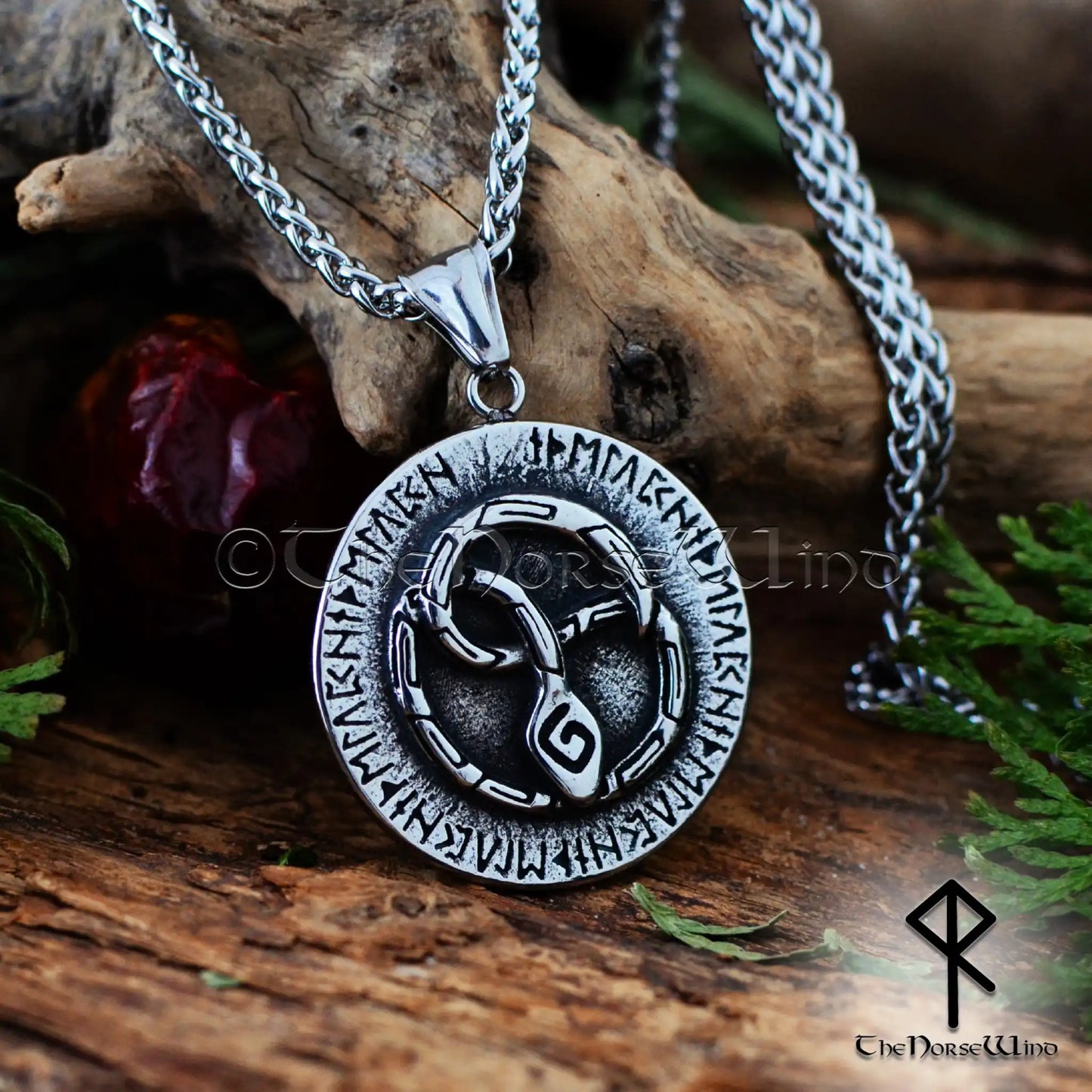 Jormungandr Midgard Serpent Necklace, Stainless Steel Viking Rune Amulet