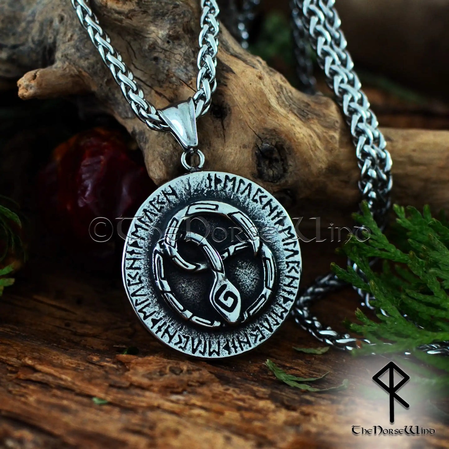 Jormungandr Midgard Serpent Necklace, Stainless Steel Viking Rune Amulet