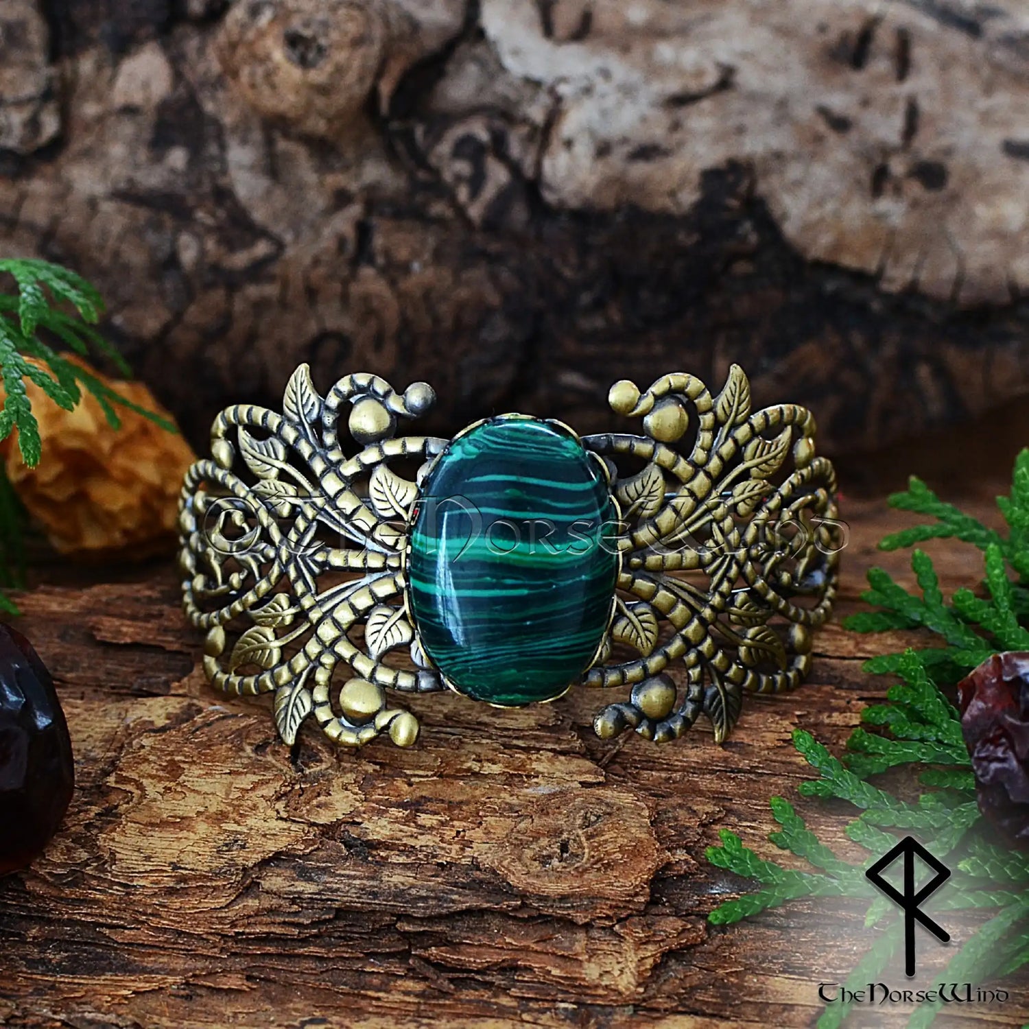 Medieval viking bronze cuff bracelet with malachite for women