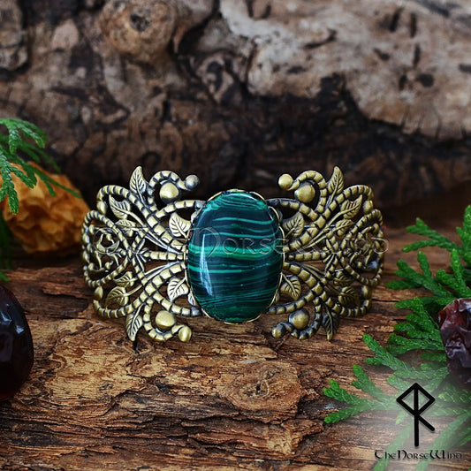 Medieval viking bronze cuff bracelet with malachite for women