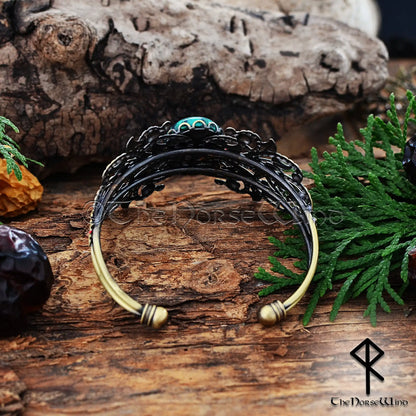 Shieldmaiden's Malachite Cuff – Viking Bronze Filigree Bracelet for Women - The Norse Wind