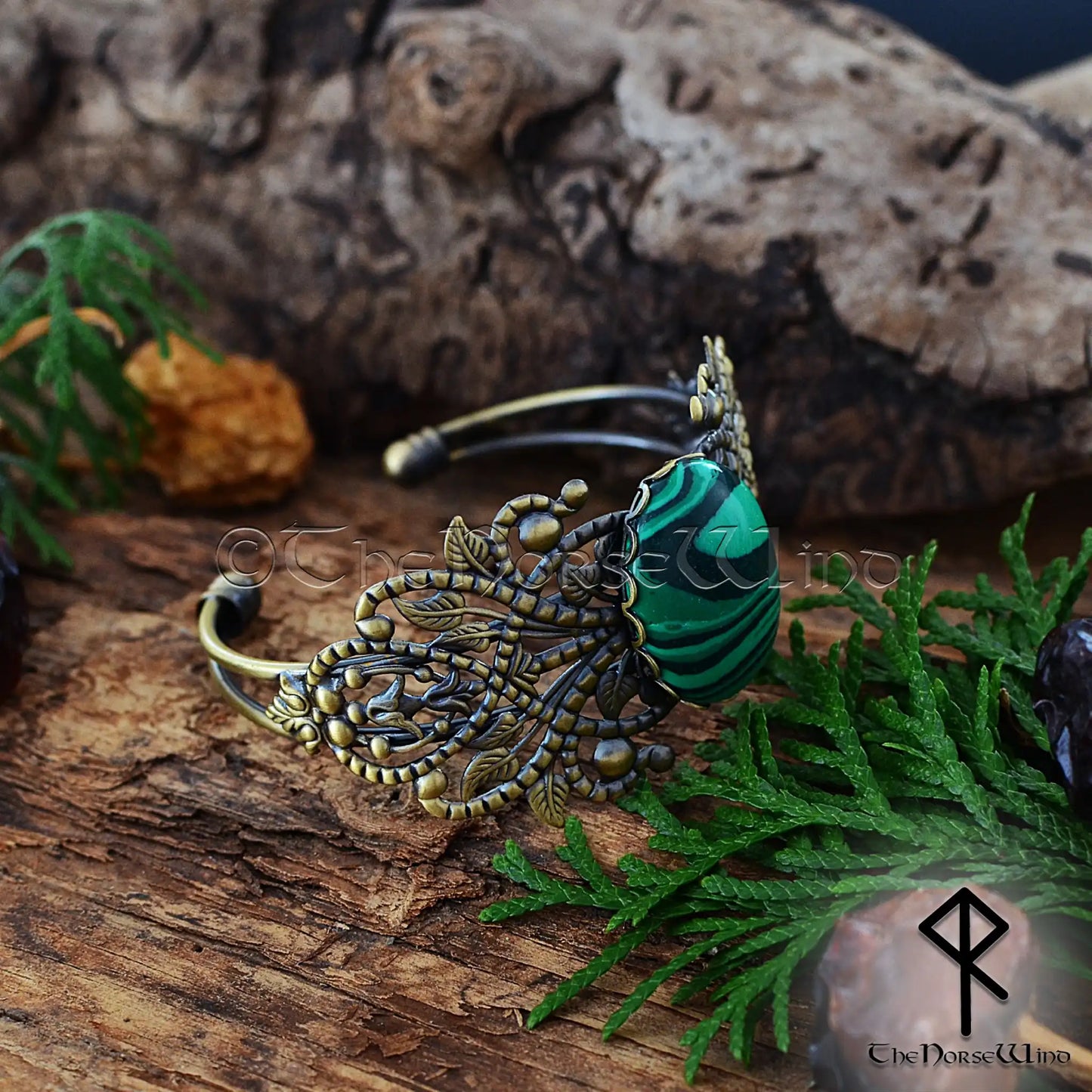 Shieldmaiden's Malachite Cuff – Viking Bronze Filigree Bracelet for Women - The Norse Wind