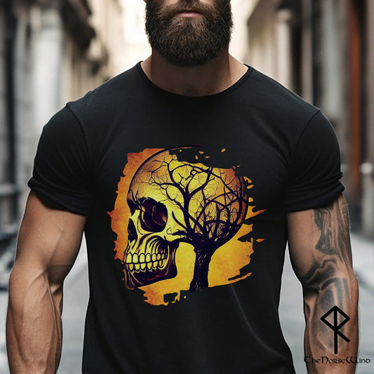 Viking Skull T-Shirt, Yggdrasil Celtic Tree in Fire Cool Viking Shirt, Unisex Motorcycle Tee - The Norse Wind