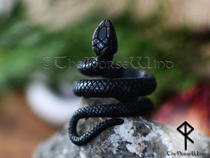 Viking Snake Ring, Midgard Serpent Black Steel Ring