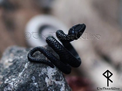 Viking Snake Ring, Midgard Serpent Black Steel Ring
