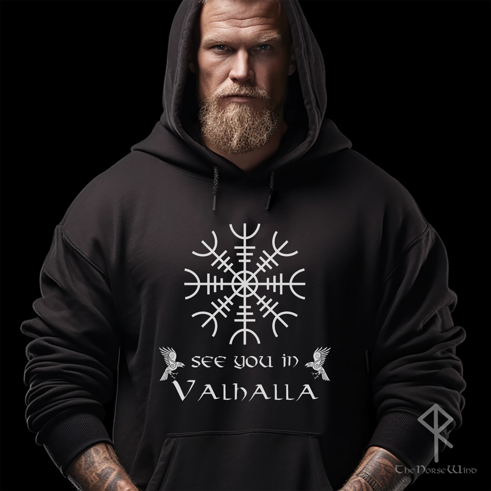 Viking Hoodie Helm of Awe Aegishjalmur Runes Sweatshirt TheNorseWind