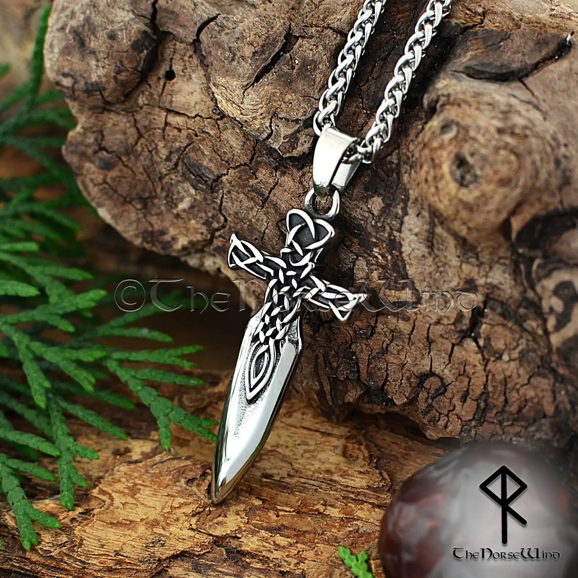Viking sword necklace with Celtic knot engravings in 316L stainless steel on leather or steel chain