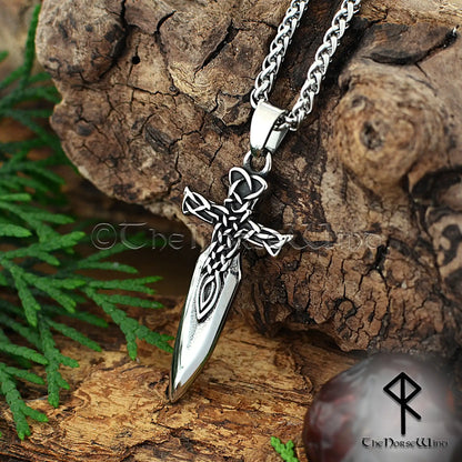 Viking sword necklace with Celtic knot engravings in 316L stainless steel on leather or steel chain