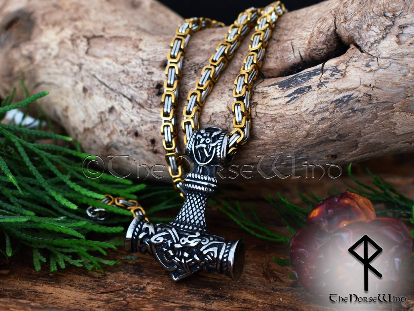 Thor Hammer Necklace, Viking Mjolnir Pendant with Celtic Knots Dragon in Silver or Gold
