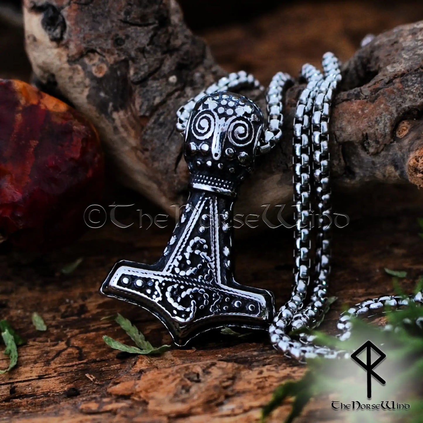 Viking Mjolnir Necklace, Norse Thor's Hammer Raven Head Pendant