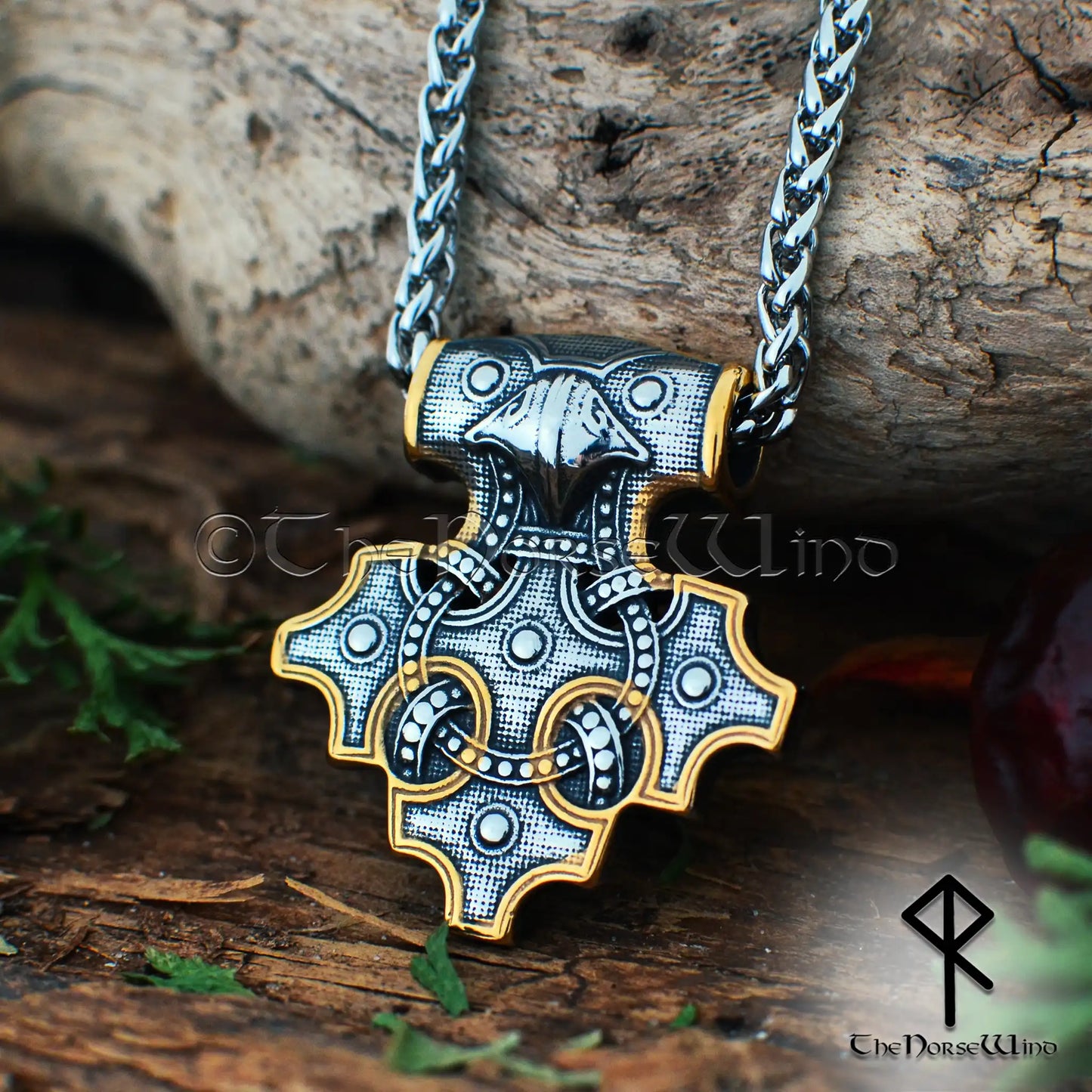 Thor's Hammer Viking Raven Necklace, Mjolnir Pendant in Silver & Gold