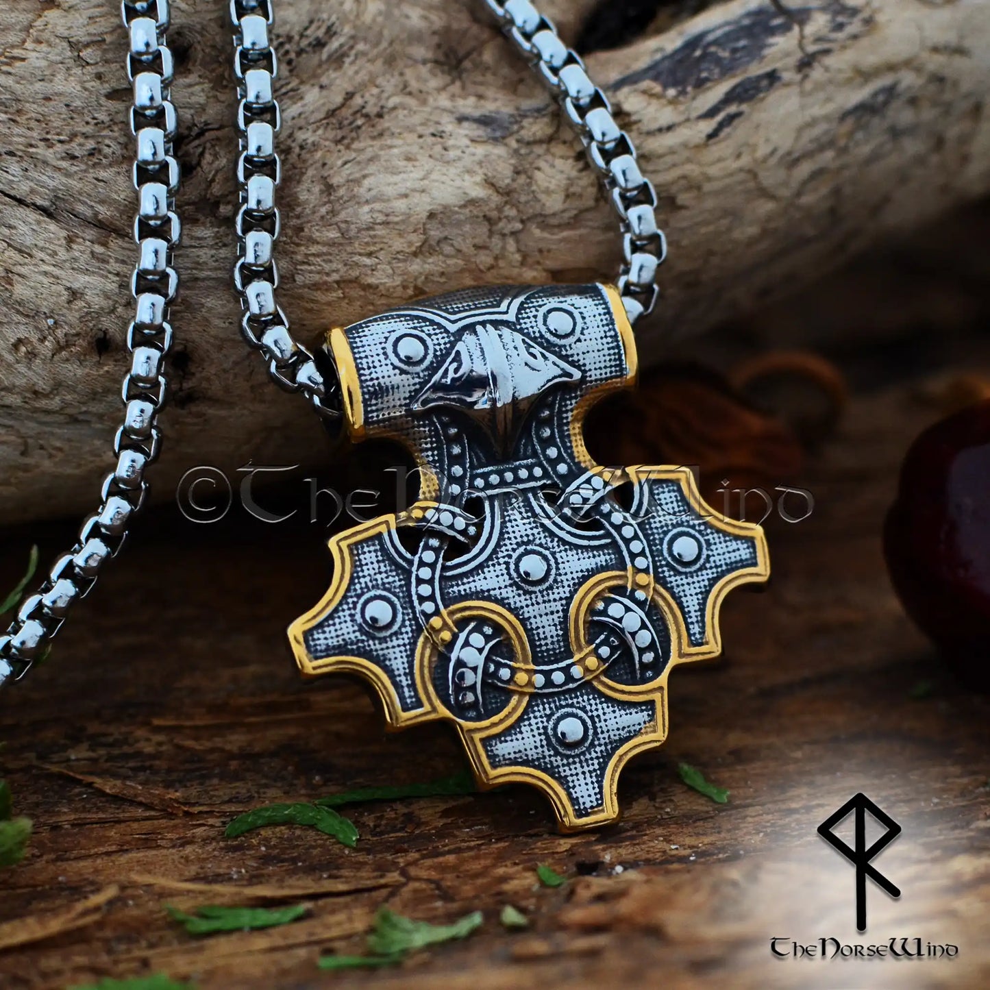 Thor's Hammer Viking Raven Necklace, Mjolnir Pendant in Silver & Gold