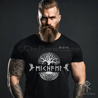 Custom Viking T-Shirt, Name in Runes Yggdrasil Ravens Tee S-5XL