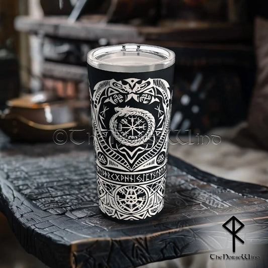 Jörmungandr Viking Tumbler - Midgard Serpent & Vegvisir 20oz Drinking Mug
