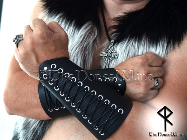 Viking Leather Bracers, Black Vambraces Medieval Arm Guards - The Norse Wind