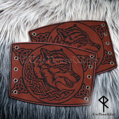 Fenrir Wolf Viking Bracers, Mediaeval Leather Arm Guards