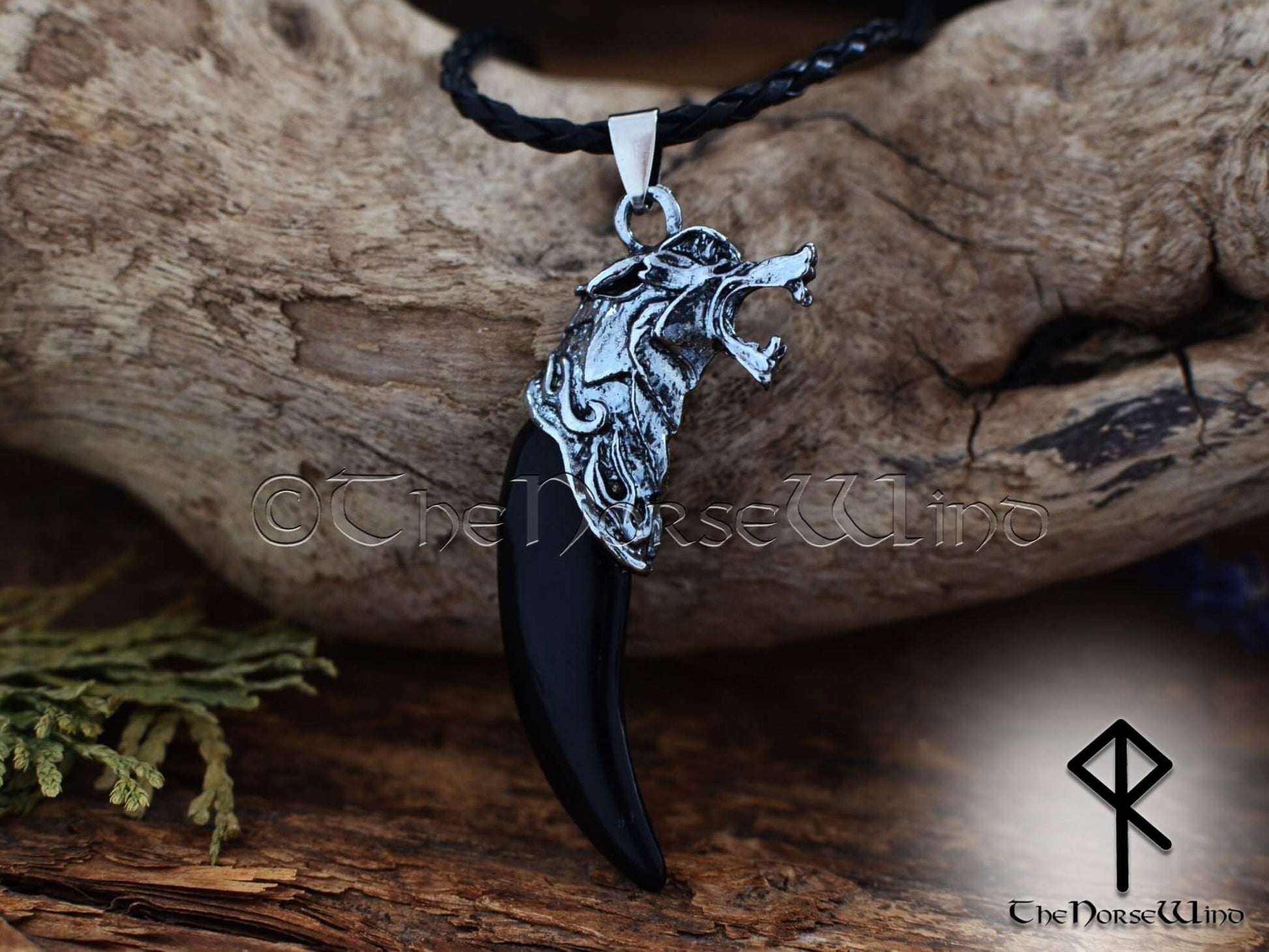 Fenrir Wolf Viking Necklace, Black Wolf Tooth Norse Pendant Silver