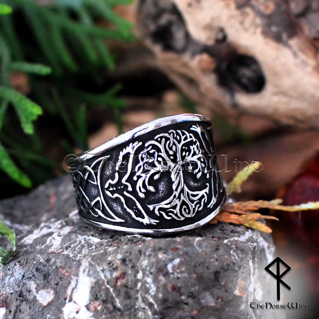 Viking Yggdrasil Ring with Hugin and Munin Ravens and Celtic Knotwork, Stainless Steel - The Norse Wind
