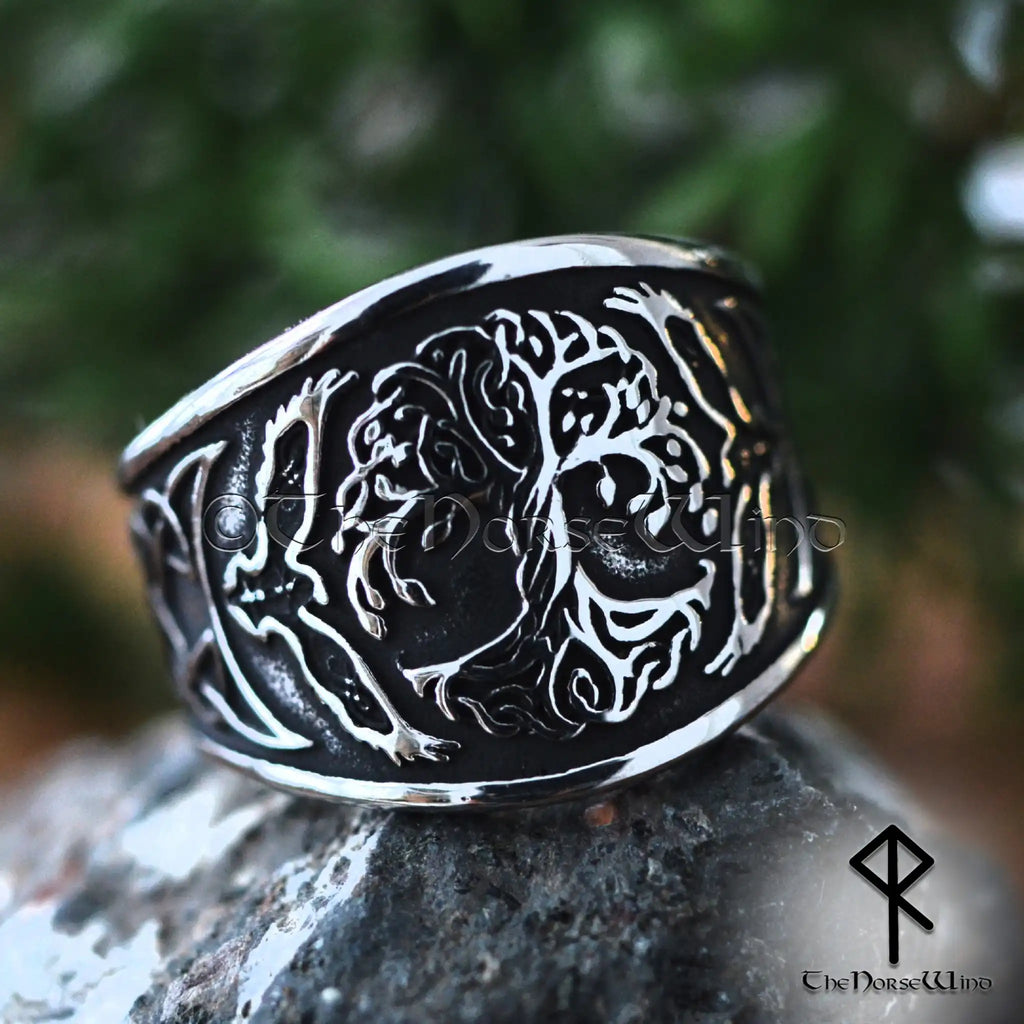 Viking Yggdrasil Ring with Hugin and Munin Ravens and Celtic Knotwork, Stainless Steel - The Norse Wind