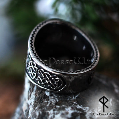 Viking Yggdrasil Ring with Hugin and Munin Ravens and Celtic Knotwork, Stainless Steel