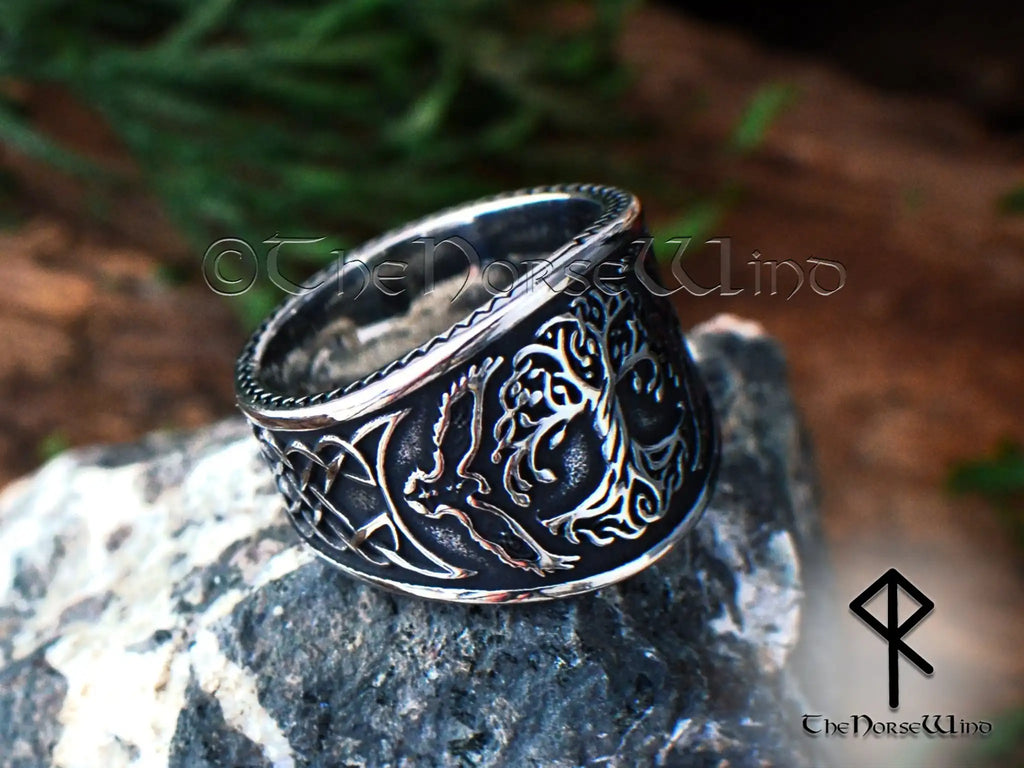 Viking Yggdrasil Ring with Hugin and Munin Ravens and Celtic Knotwork, Stainless Steel - The Norse Wind