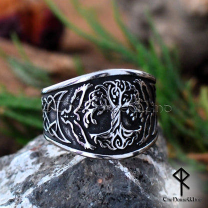 Viking Yggdrasil Ring with Hugin and Munin Ravens and Celtic Knotwork, Stainless Steel