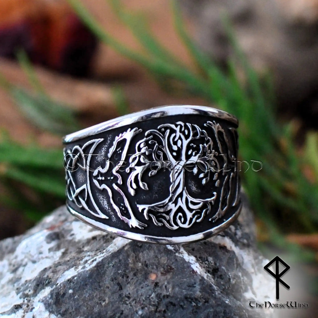 Viking Yggdrasil Ring with Hugin and Munin Ravens and Celtic Knotwork, Stainless Steel - The Norse Wind