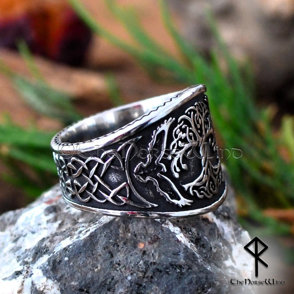 Viking Yggdrasil Ring with Hugin and Munin Ravens and Celtic Knotwork, Stainless Steel - The Norse Wind
