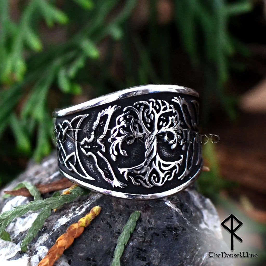Viking Yggdrasil Ring with Hugin and Munin Ravens and Celtic Knotwork, Stainless Steel - The Norse Wind