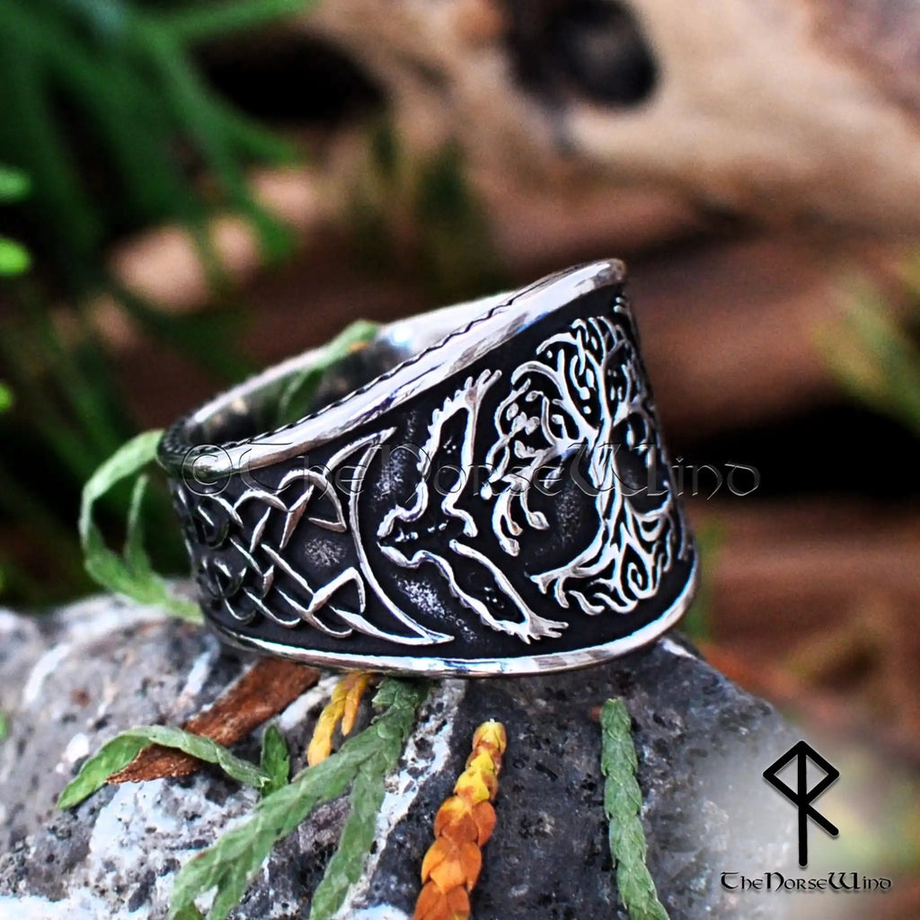 Viking Yggdrasil Ring with Hugin and Munin Ravens and Celtic Knotwork, Stainless Steel - The Norse Wind