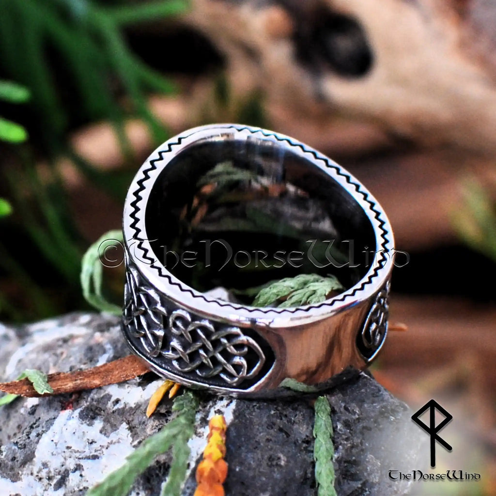 Viking Yggdrasil Ring with Hugin and Munin Ravens and Celtic Knotwork, Stainless Steel - The Norse Wind