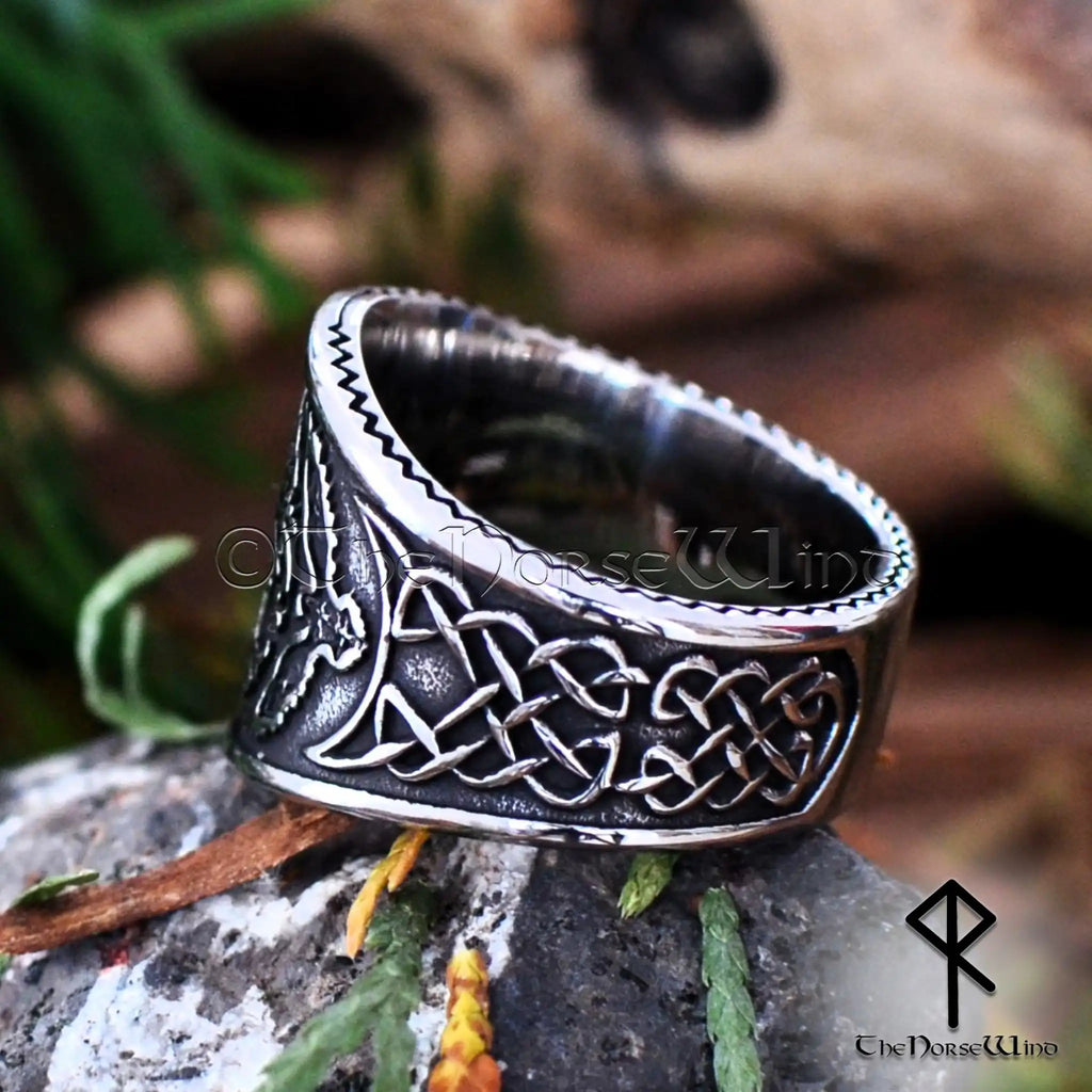 Viking Yggdrasil Ring with Hugin and Munin Ravens and Celtic Knotwork, Stainless Steel - The Norse Wind