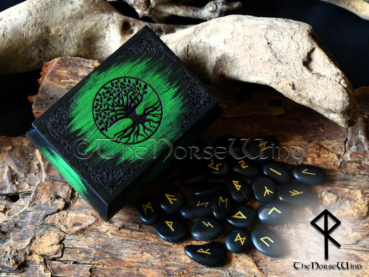 Wind Rune Stone Futhark Rune Stones Set in Yggdrasil Wooden Box | The Norse Wind