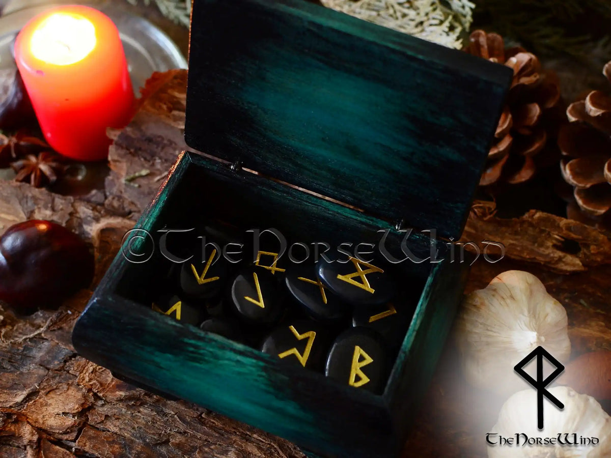 Wind Rune Stone Futhark Rune Stones Set in Yggdrasil Wooden Box | The Norse Wind