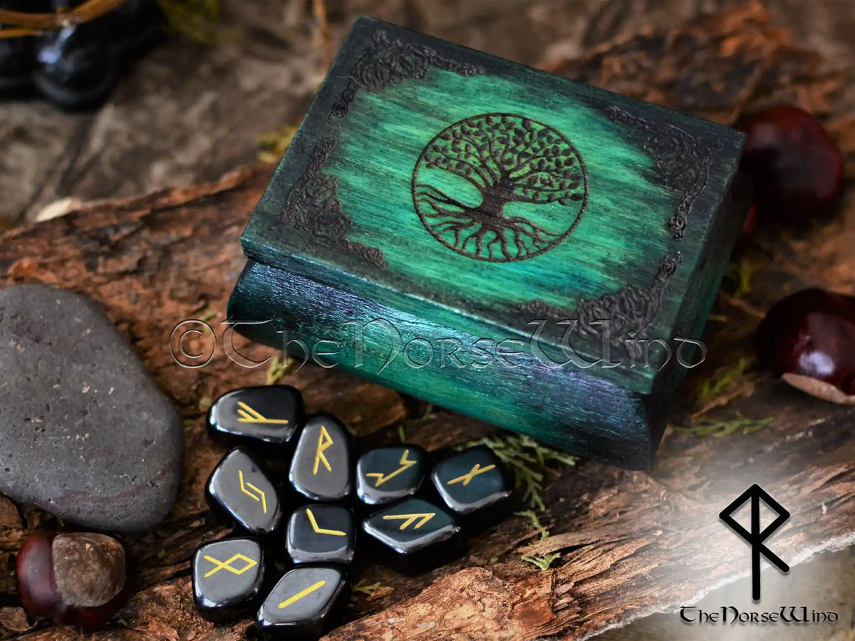 Wind Rune Stone Futhark Rune Stones Set in Yggdrasil Wooden Box | The Norse Wind