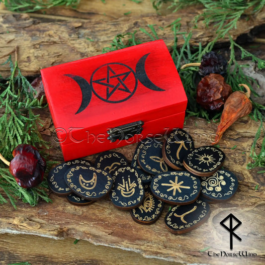Witches Runes Set in Triple Moon Pentacle Box